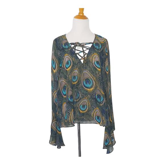 NEW Show Me Your Mumu Zuko Top Peacock Print Lace Up Chiffon Small - Picture 2 of 13